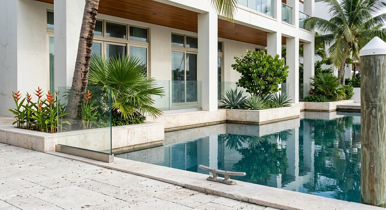 Marina promenade with limestone paving, a mooring cleat, calm reflective water, and palms beneath a colonnade.