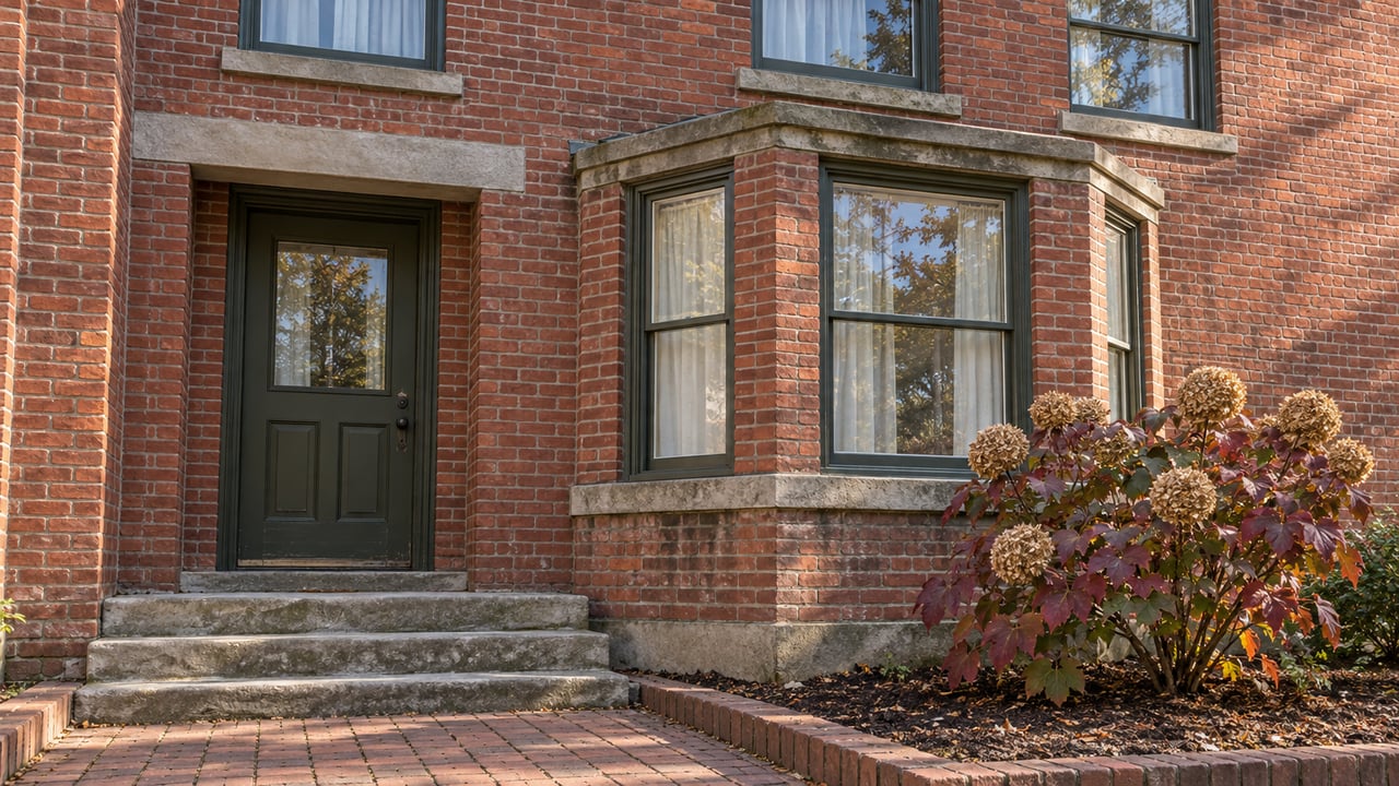 Autumn morning light on a red-brick home's olive-painted entrance, stone steps and projecting window bay beside an oakleaf hydrangea.