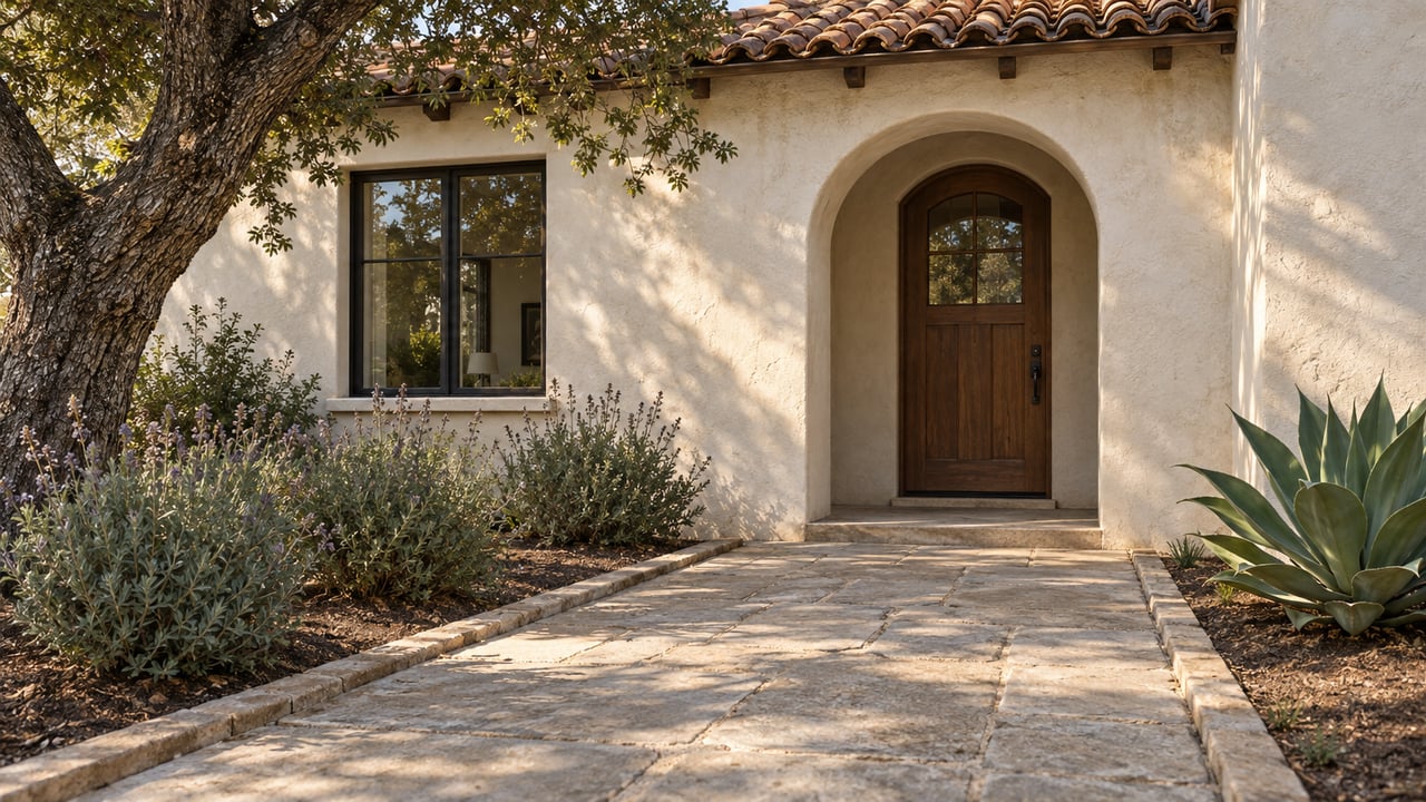 Warm stucco home with a recessed arched walnut entry, clay-tile roof and sandstone garden approach beneath a mature oak.