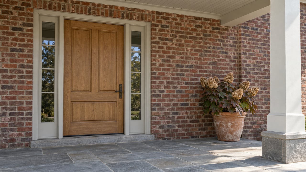 A white-oak front door and glazed sidelights beneath a covered brick porch, with blue-gray stone paving and a potted oakleaf hydrangea.