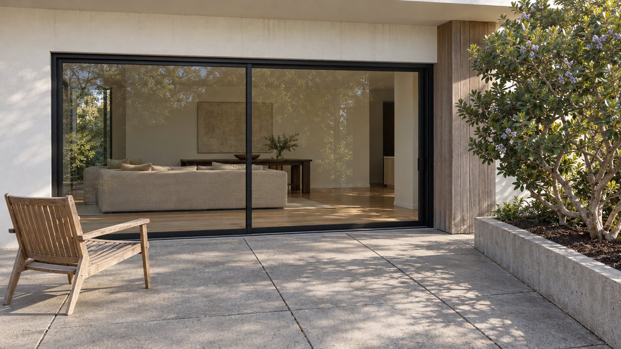 Sunlit concrete terrace with a weathered teak chair beside black-framed glass doors and a sculptural Texas mountain laurel.