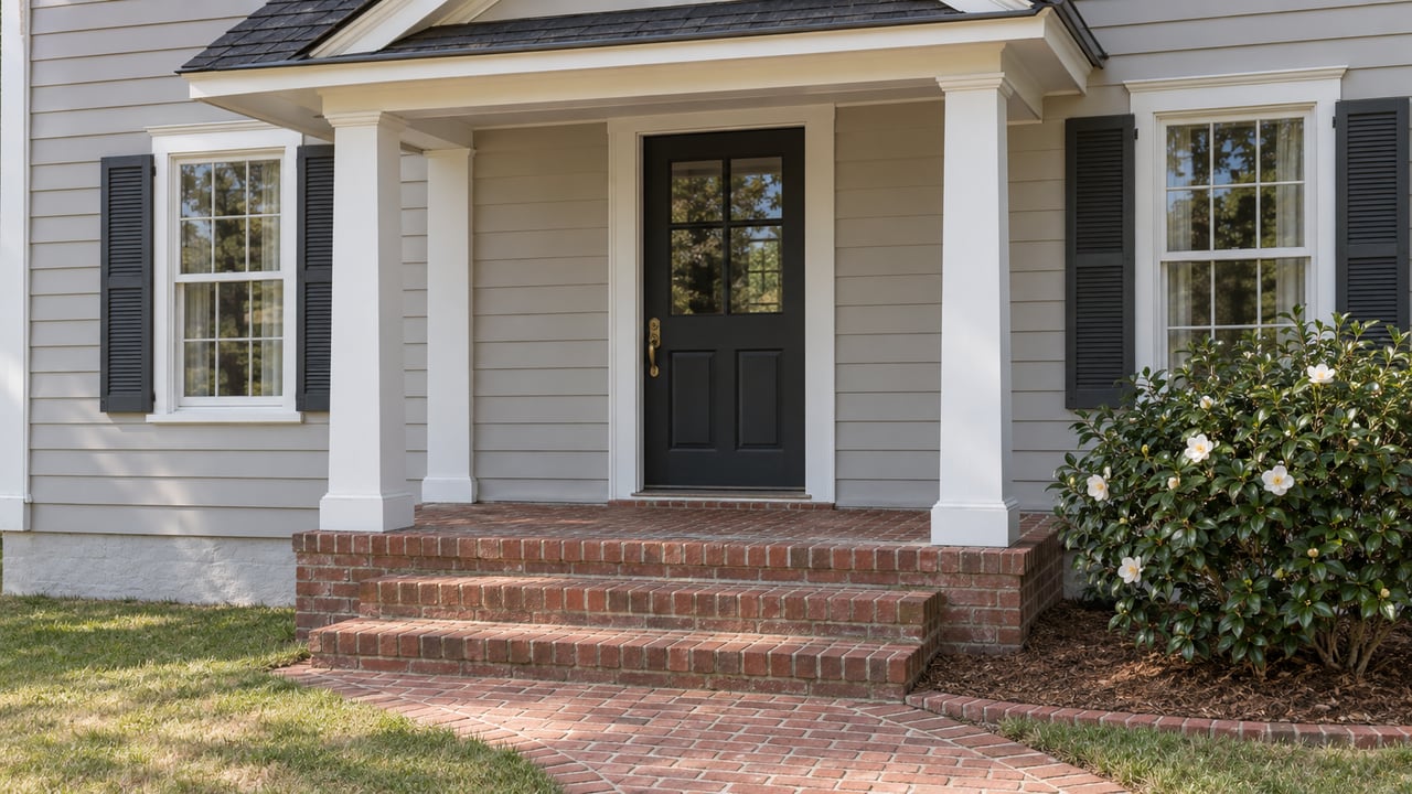 Light-gray clapboard home with a covered brick entry, dark shutters, a brass door handle and a white-flowering camellia.