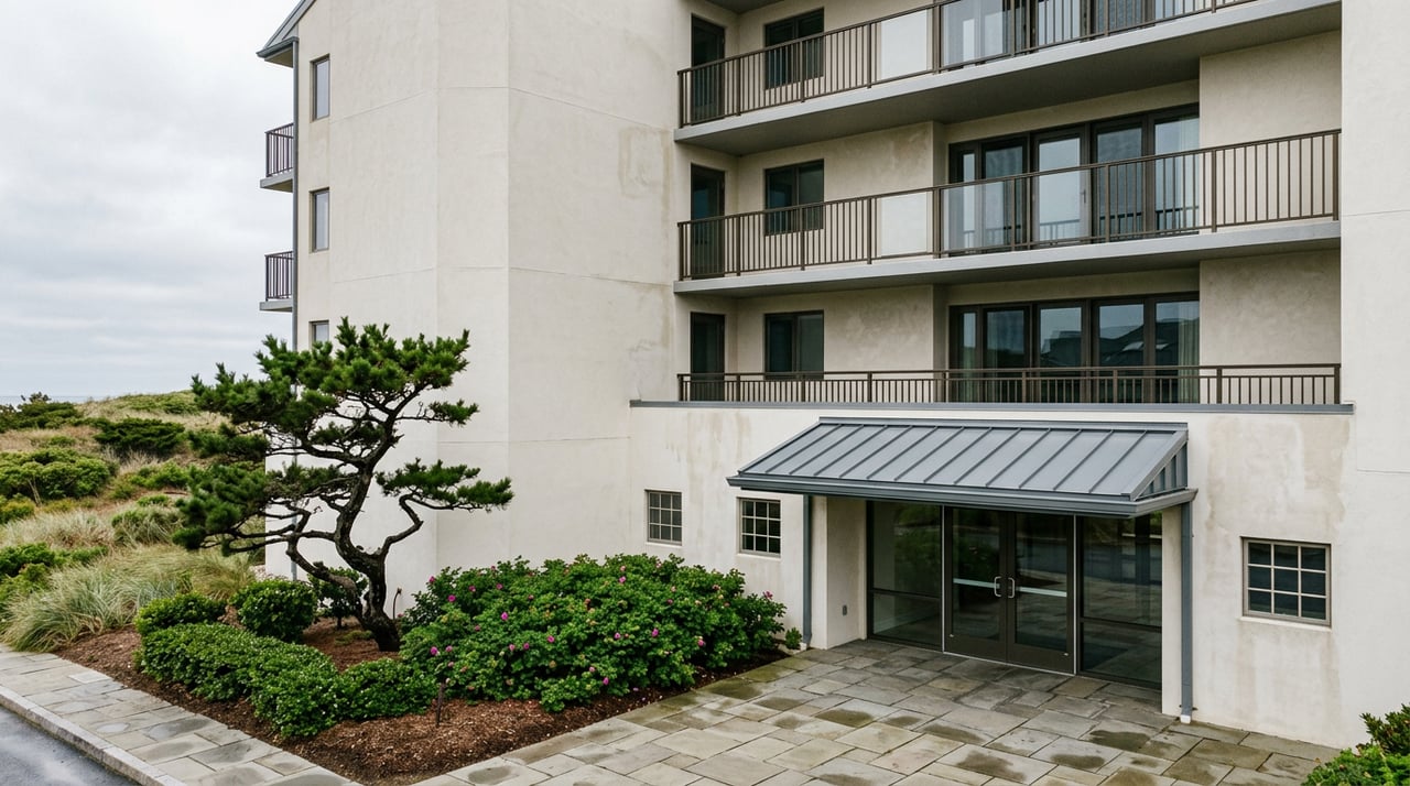 Coastal condominium facade with three stacked bronze-railed balconies, gray entry canopy, and sculpted pine.