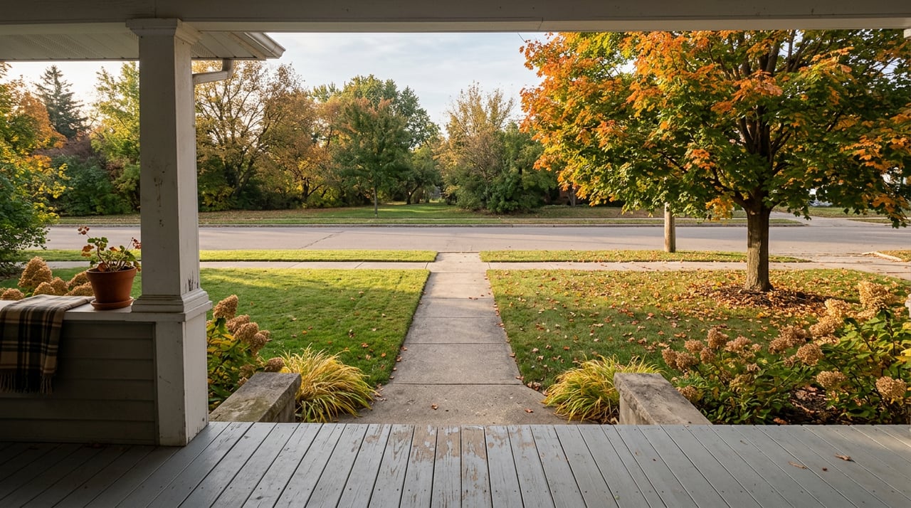 Gray porch overlooking a lawn and concrete walkway, with an orange-gold tree beside the street.