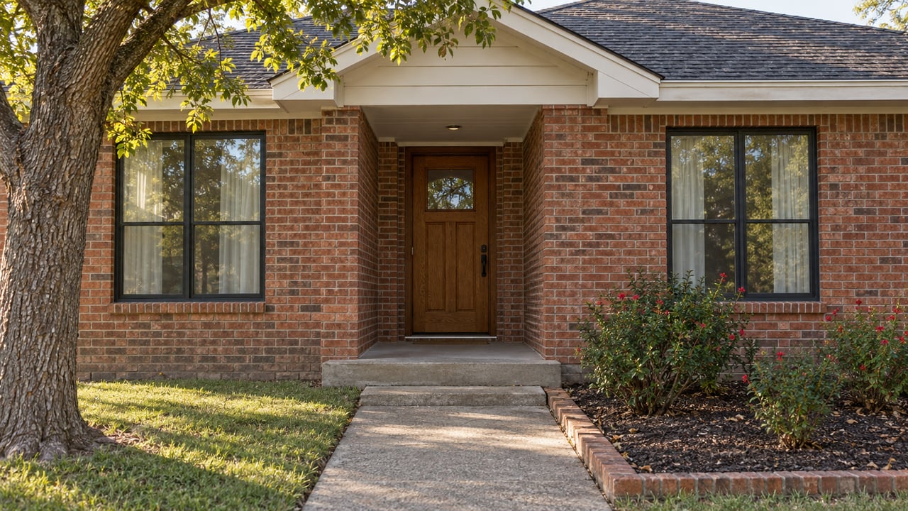 Red-brick home with a recessed wood front door, paired black-framed windows and a concrete walk bordered by red-flowering salvia.