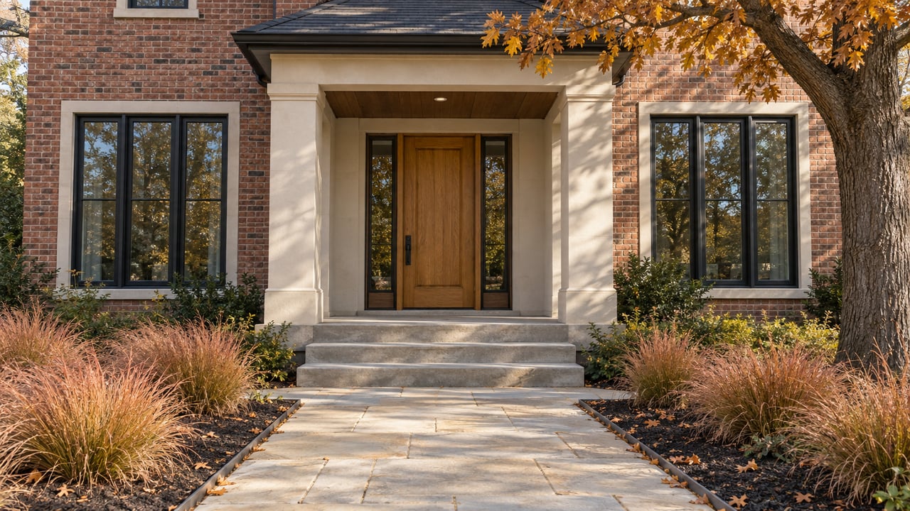 Brick home entrance with a wooden door, stone walkway, and autumn landscaping.