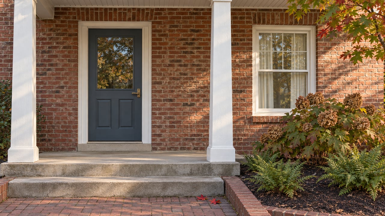 Sunlit brick home entry with a slate-blue glazed door, white porch columns, broad concrete steps and oakleaf hydrangea beside a brick path.