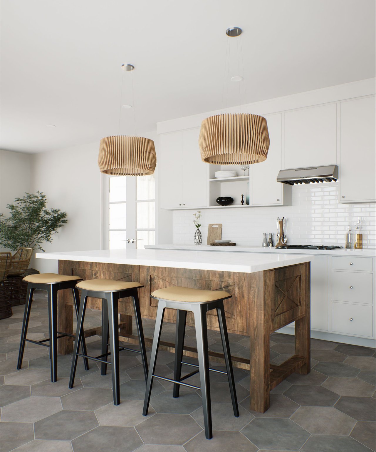 Modern kitchen with a dark wood island, white countertop, three stools, and woven pendant lights.
