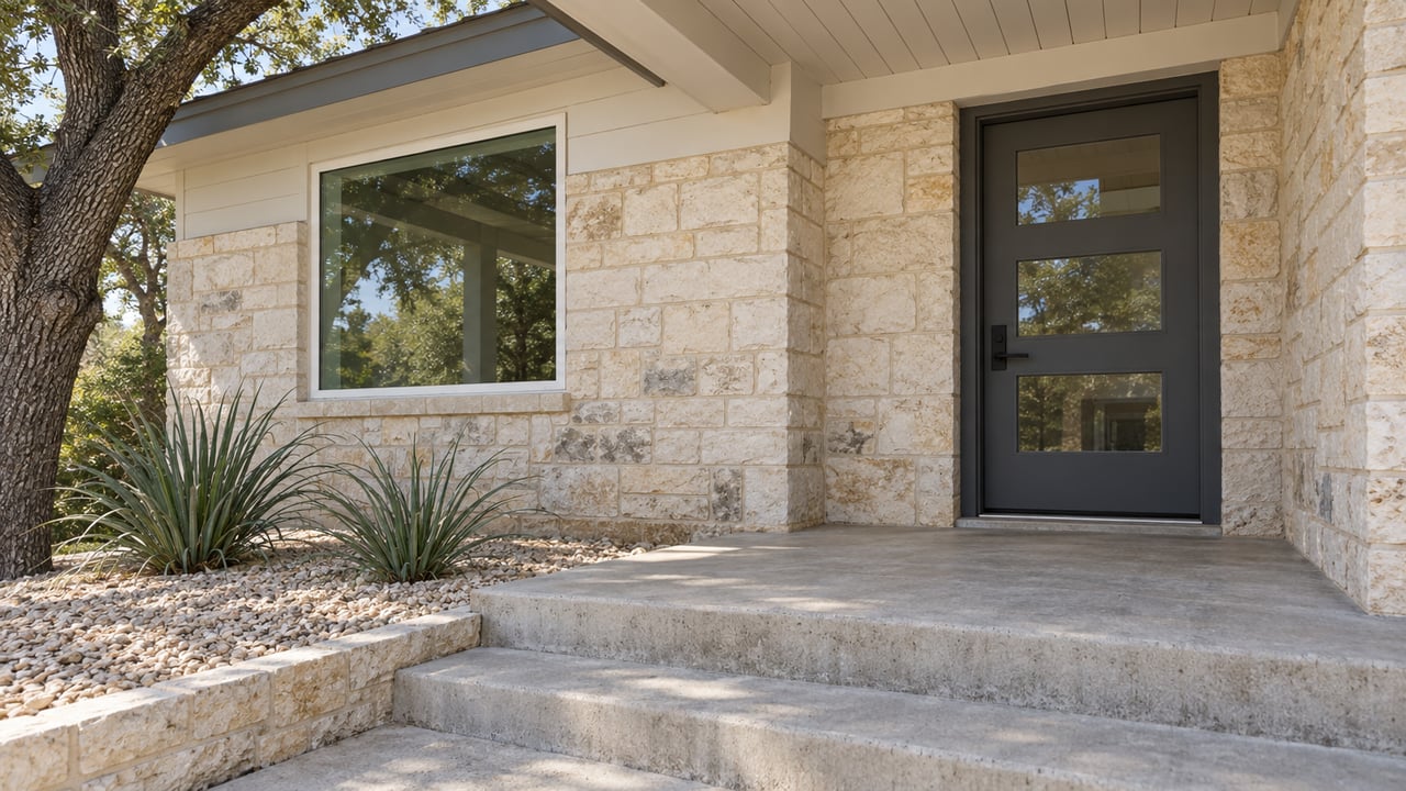 Covered home entry with cream limestone walls, a charcoal glazed door, white-framed window, and concrete steps beside a planted gravel bed.