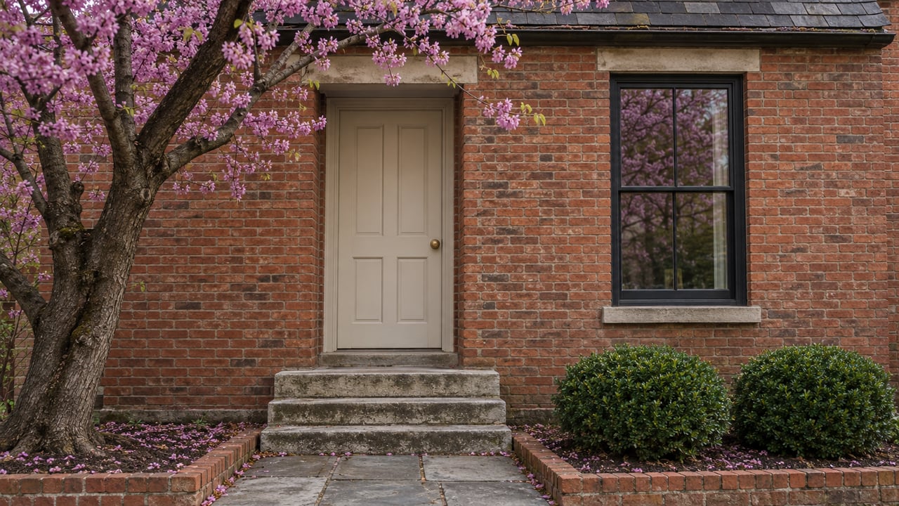 Compact red-brick home with an ivory door, black-framed window, limestone steps, and a redbud tree.