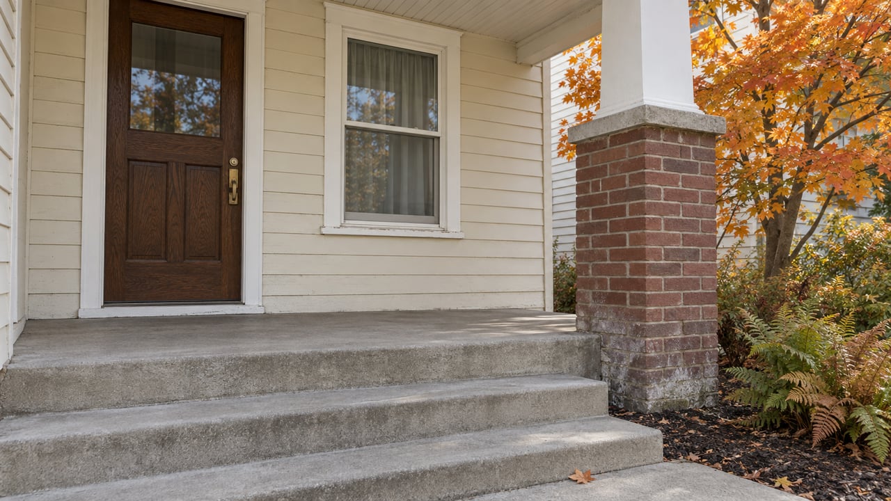 Home’s front porch with concrete steps, a dark wood door, brick column, and autumn foliage.