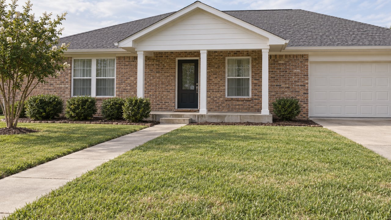 Single-story brick home with a covered front porch, white trim, attached garage and a broad lawn crossed by a concrete walk.