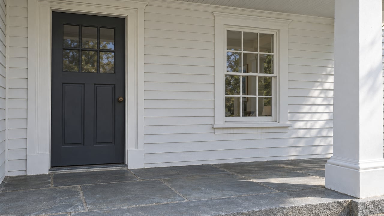 Close view of a charcoal front door, white clapboard siding and divided-light window above a weathered bluestone porch.