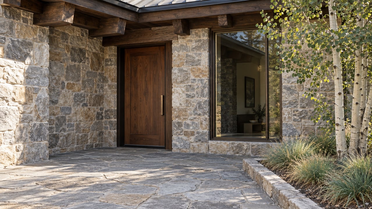 Walnut entry door and bronze-framed window set in a stone-and-timber facade above a flagstone approach.