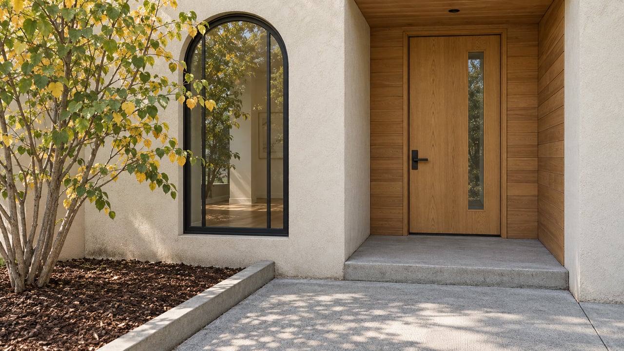 Sunlit stucco home entrance with an oak door, arched black-framed window, concrete approach and a western redbud tree.