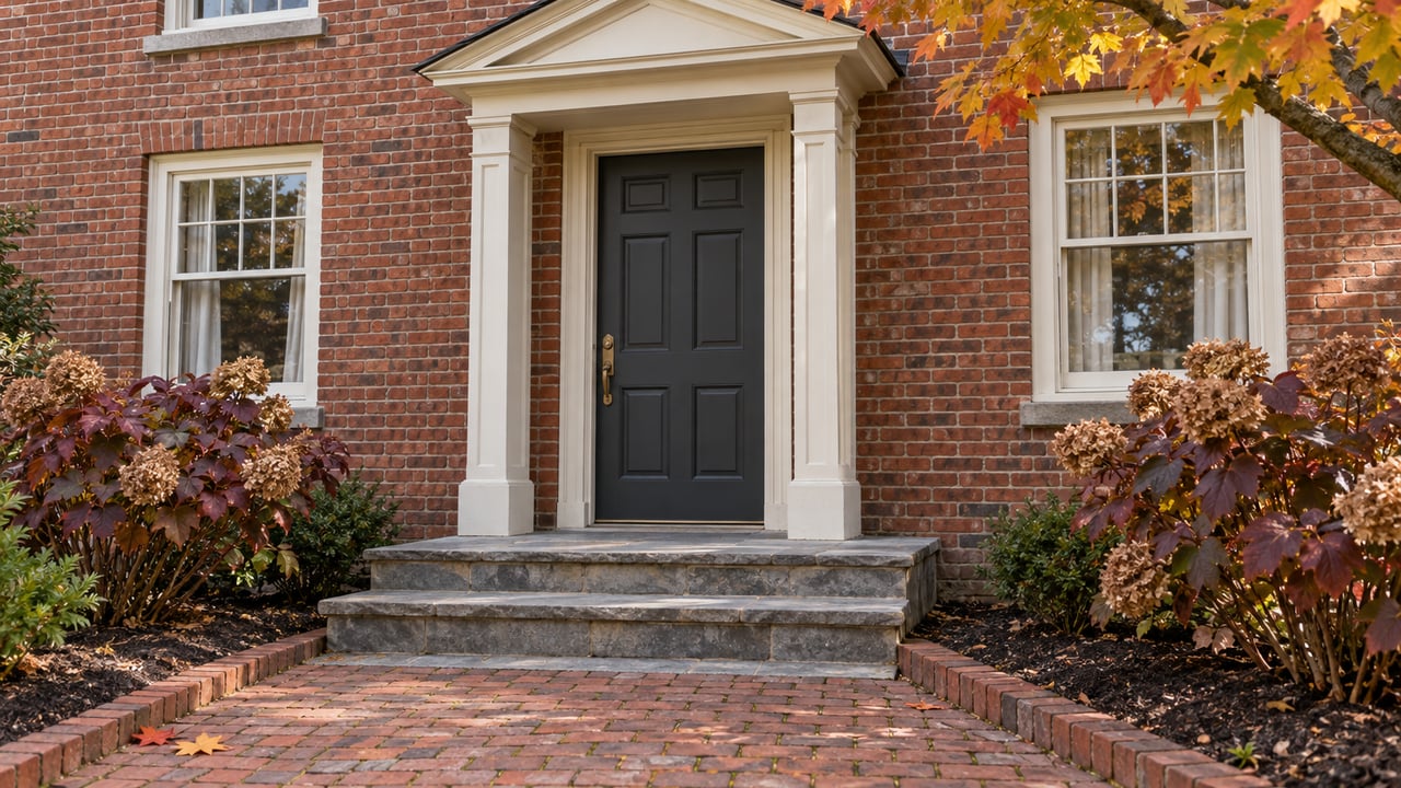 Brick home entrance with an ivory pediment, charcoal door, bluestone steps, and autumn oakleaf hydrangeas.