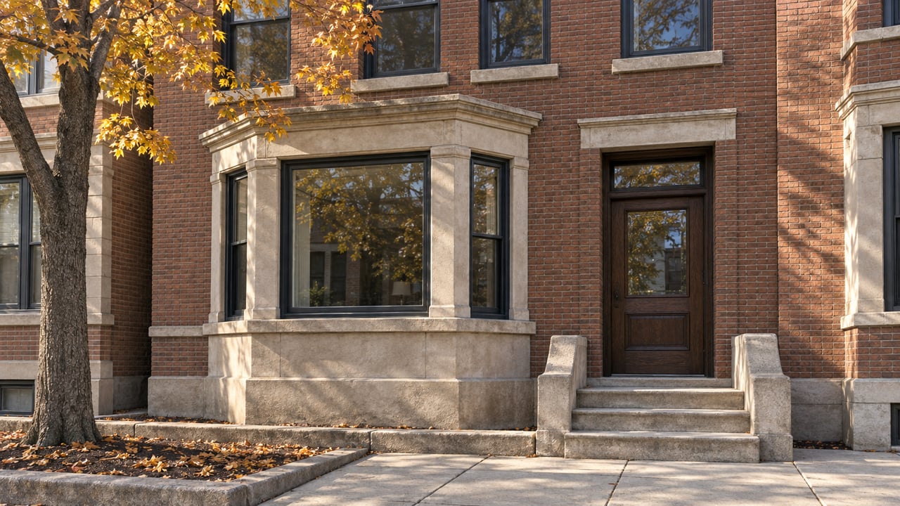 Autumn sunlight on a brown-red brick home with limestone window trim, a glazed bay, and a recessed oak doorway beside a sugar maple.