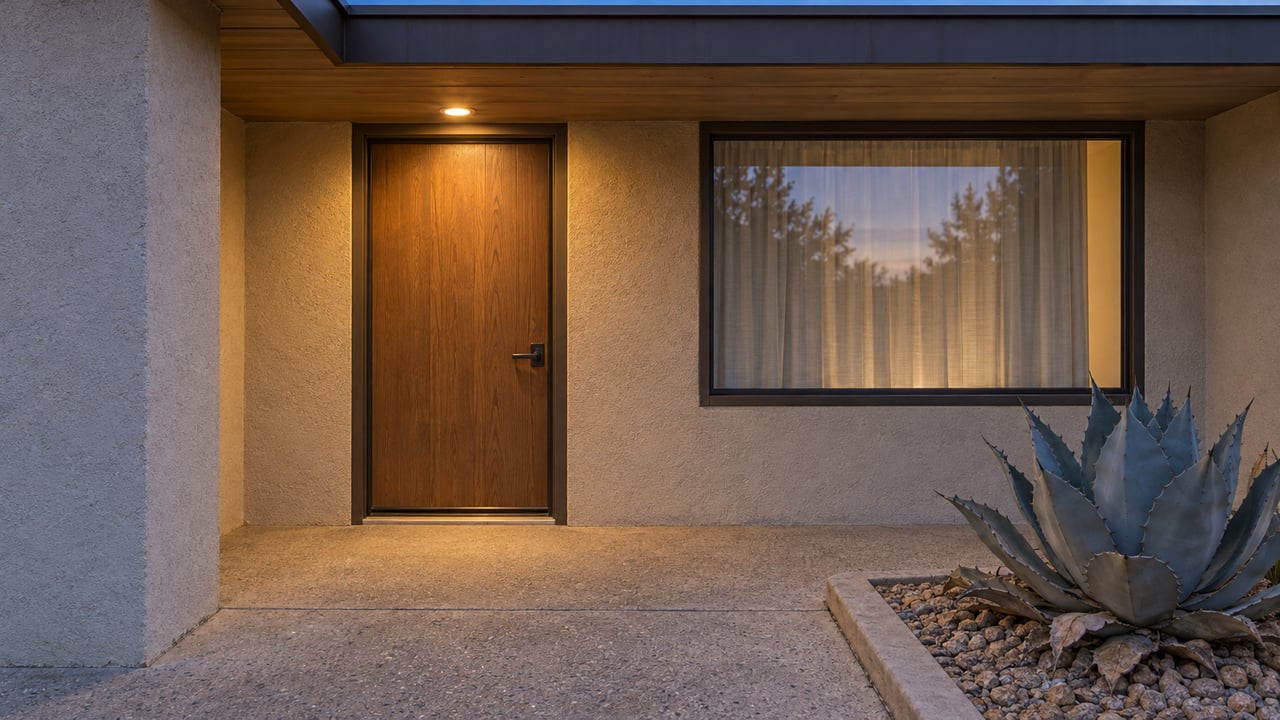 Twilight at a recessed stucco home entry with an oak door, bronze-framed window and sculptural blue-gray agave beside the concrete porch.