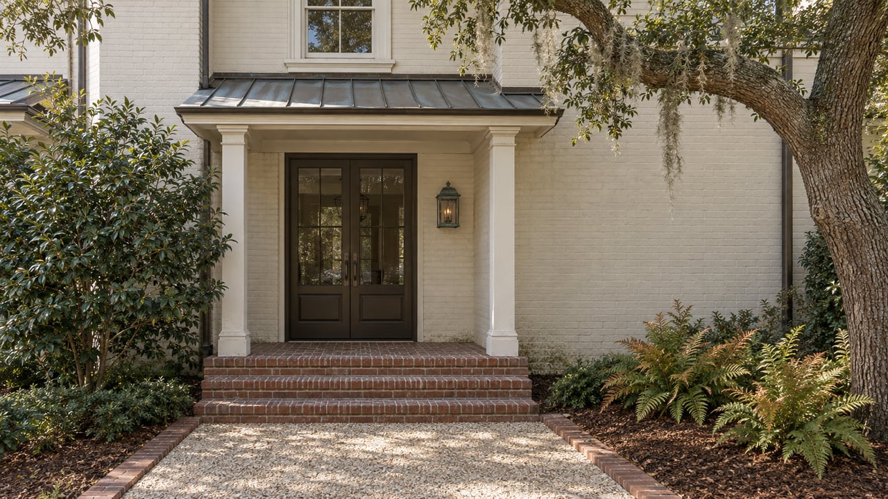 Ivory brick attached-home entry with bronze glazed doors, worn brick steps, a shell-aggregate walk and an oak-shaded planted forecourt.