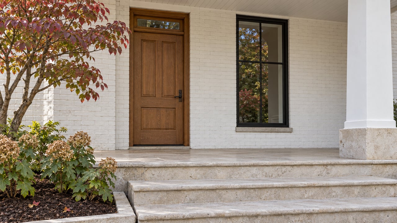Covered white-painted brick entry with an oak door, black-framed window, limestone steps and early-autumn dogwood foliage.
