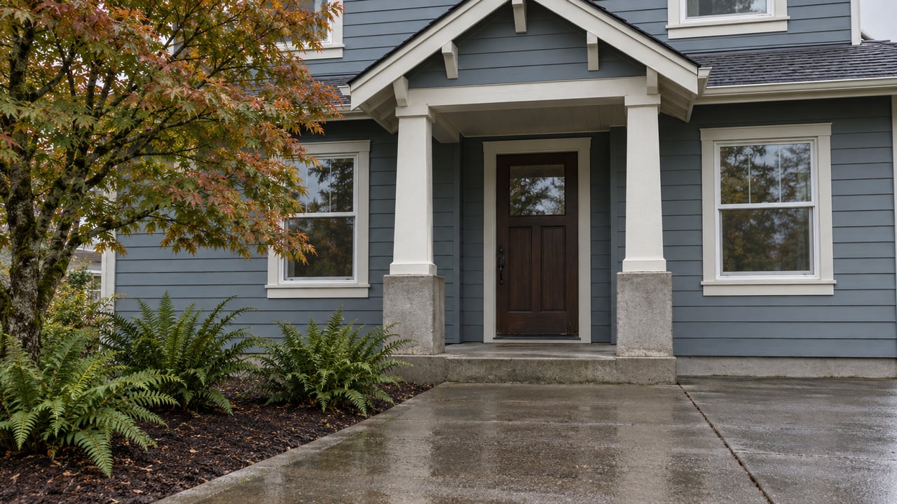 Blue-gray gabled home entrance above a damp concrete walk, with a copper-tinged vine maple and sword ferns.