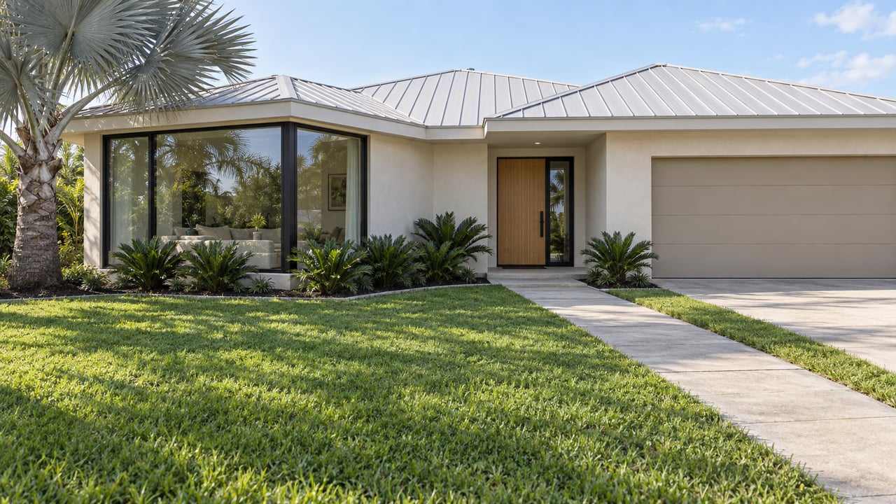 Sunlit ivory single-story home with black-framed corner windows, a broad lawn, concrete entry walk, and a silver-blue fan palm.