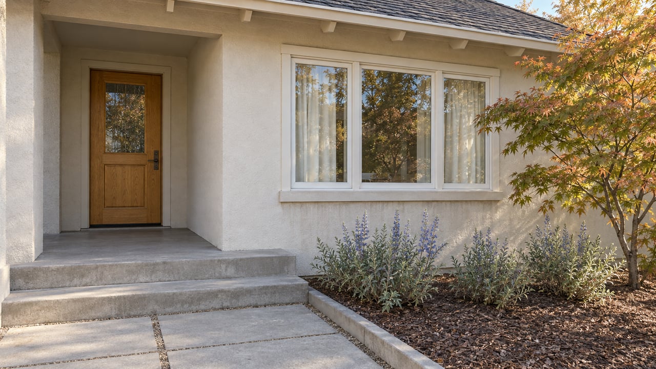Sunlit stucco bungalow entrance with an oak door, broad wood-framed window and Japanese maple beside concrete steps.