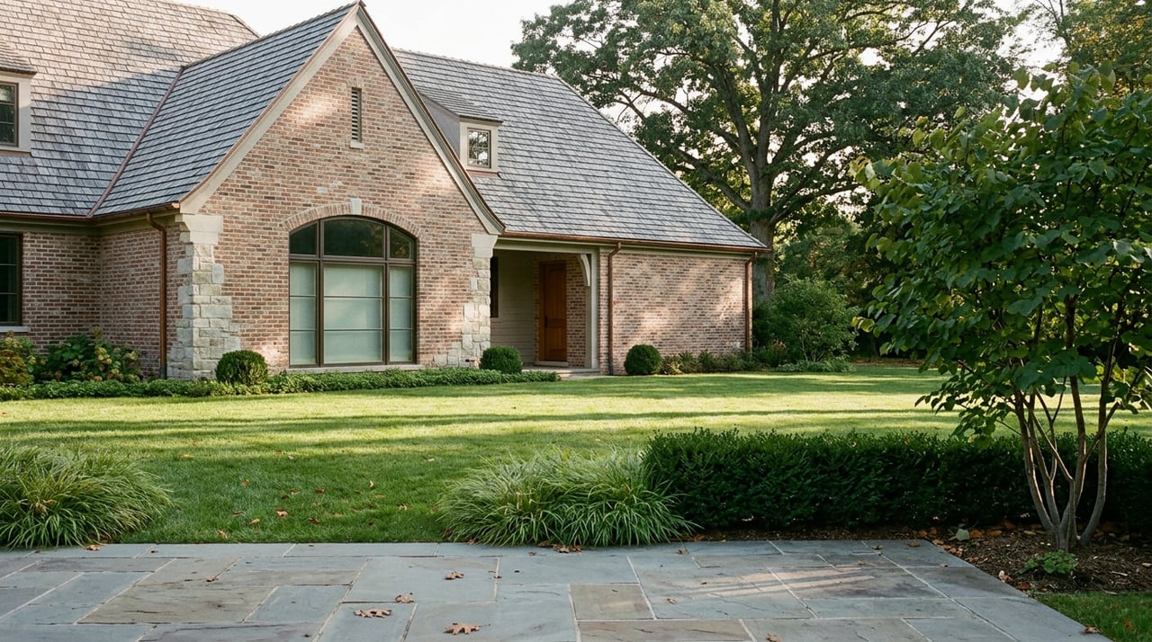 Bluestone terrace meets a broad lawn before a brick-and-stone house with an arched window and cedar door.