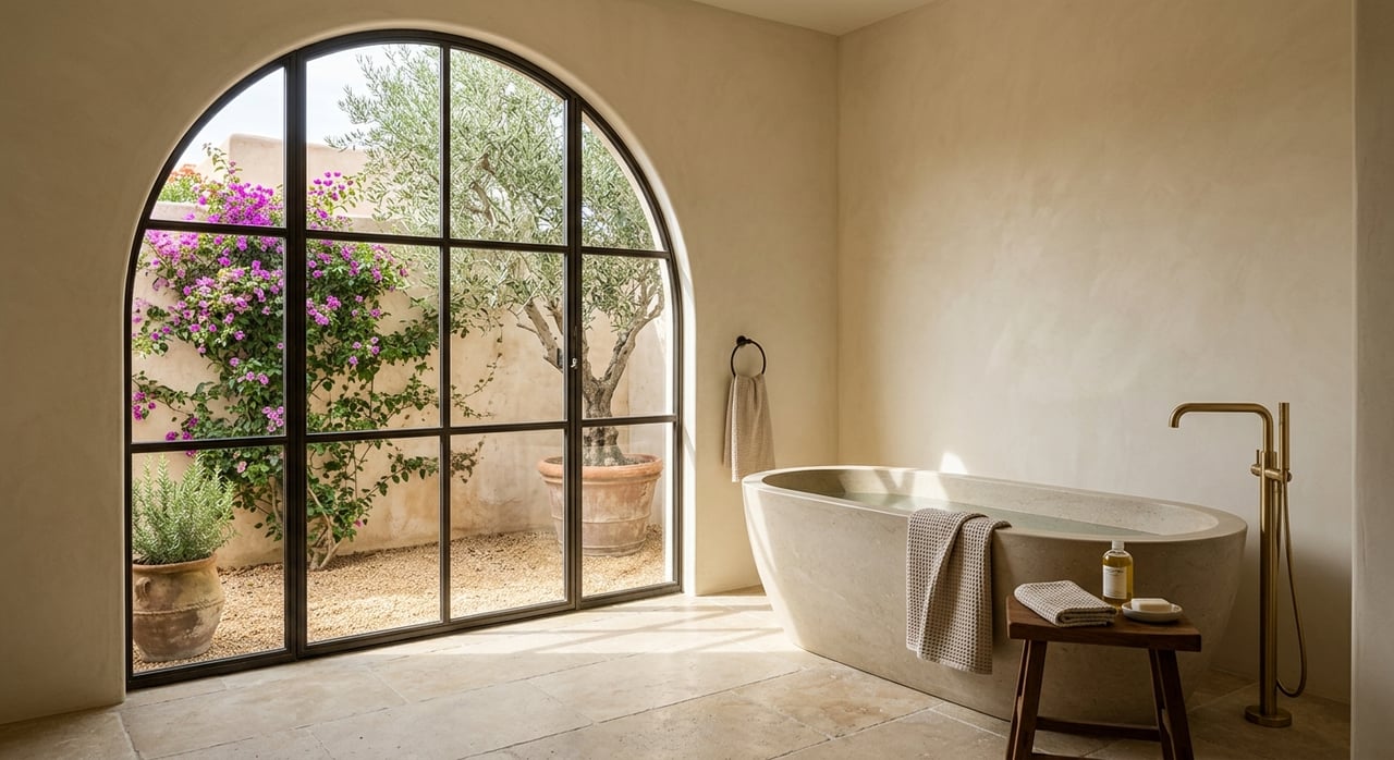 Oval stone tub beneath an arched window, with a sunlit limestone floor and courtyard greenery outside.