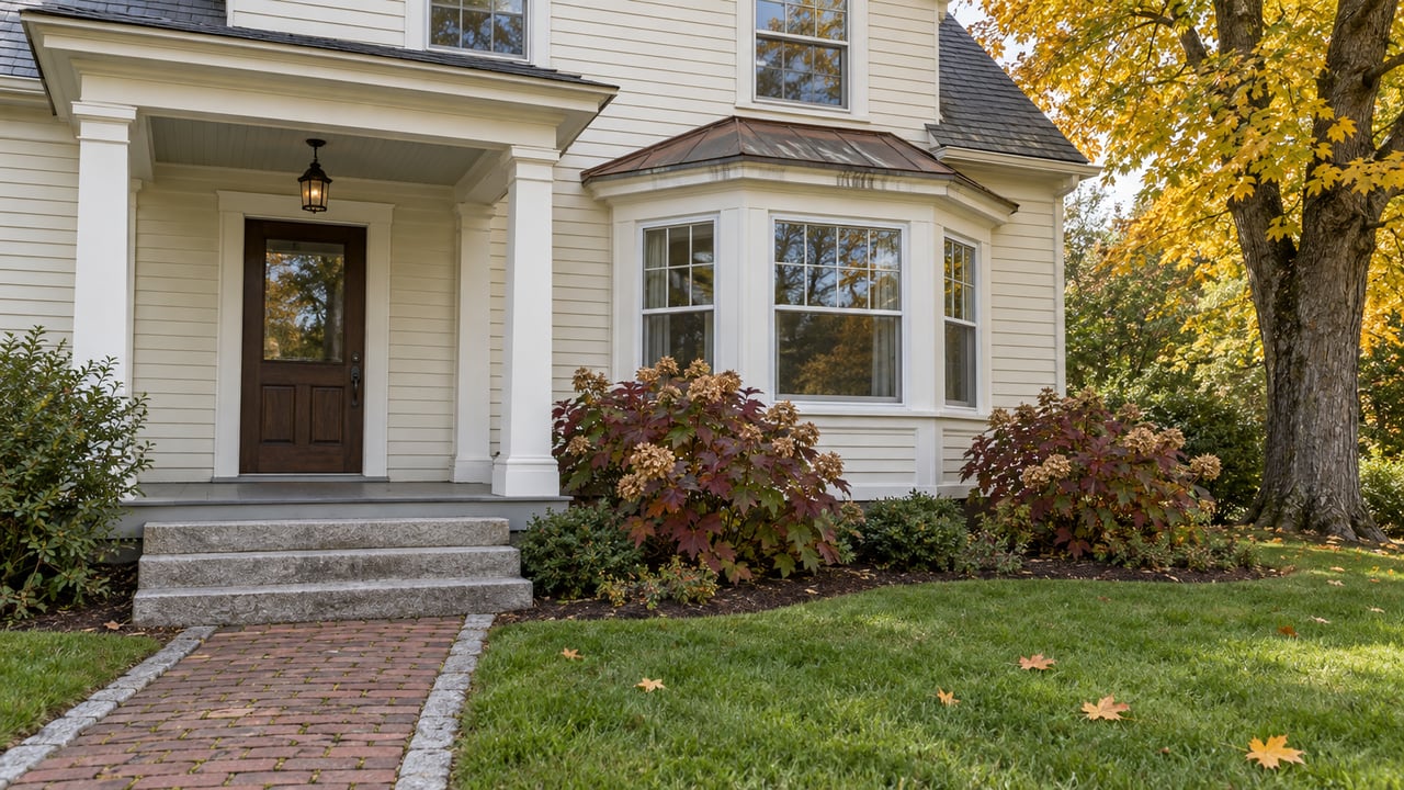Cream clapboard home with a covered porch, granite steps, projecting sash-window bay and autumn planting beside a brick approach.