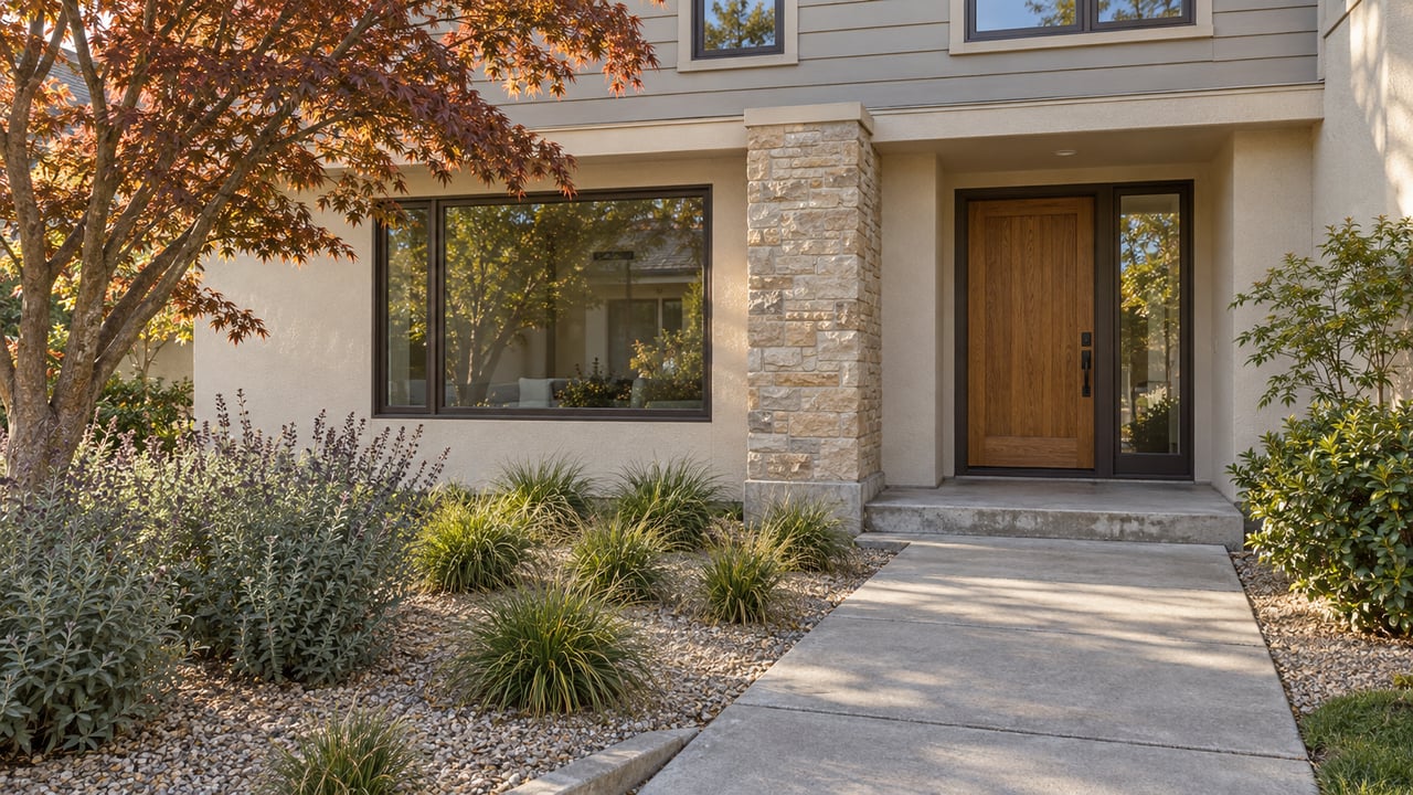 Sunlit stucco and horizontal-sided home with a recessed oak entry, limestone pier, and carefully planted concrete approach.