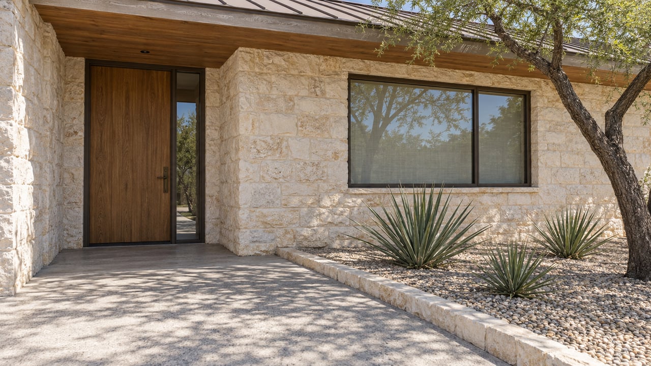 Sunlit limestone home entry with an oak door, bronze-framed window, cedar eave and a gravel planting bed beside a concrete approach.