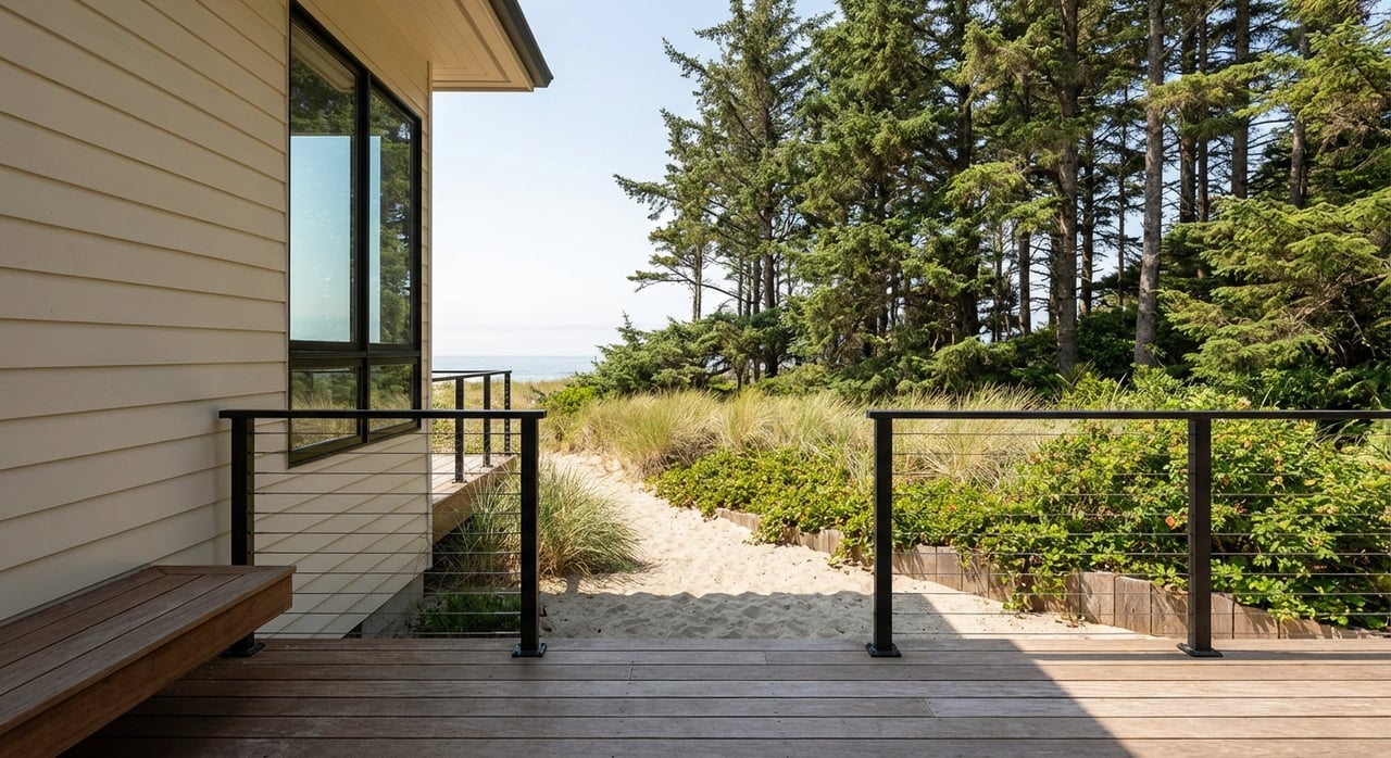 Deck to ocean view and a sand trail to the beach in Arch Cape
