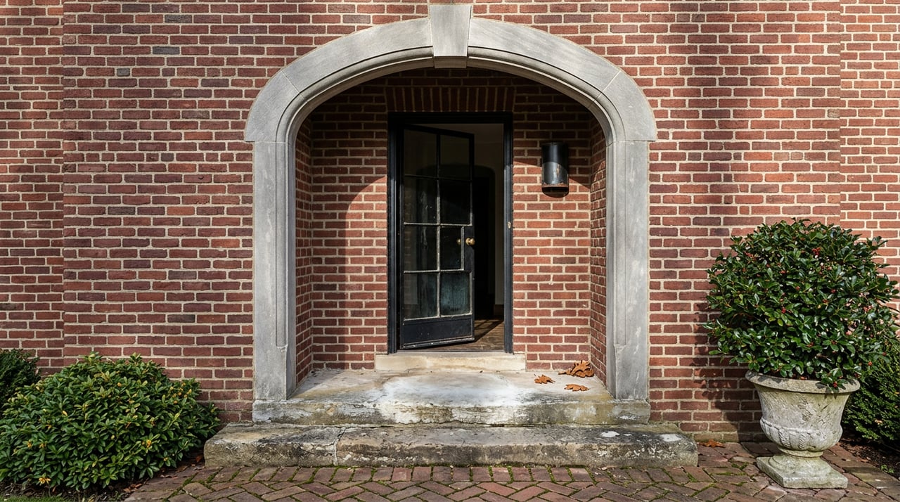 Recessed brick entry with a gray limestone arch, open iron-and-glass door, worn stone steps, and berry-filled holly in an urn.