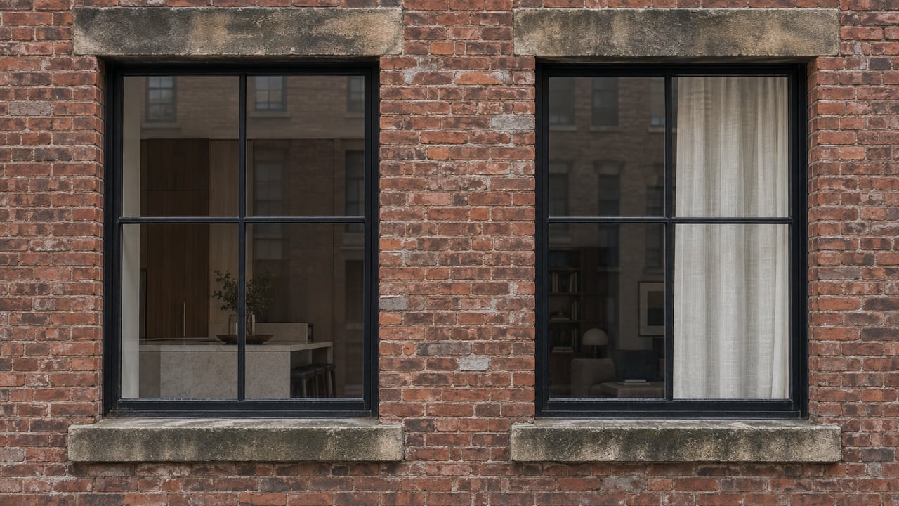 Two tall black steel loft windows set into weathered russet brick, with sandstone lintels and sills and a glimpse of walnut interior finishes.