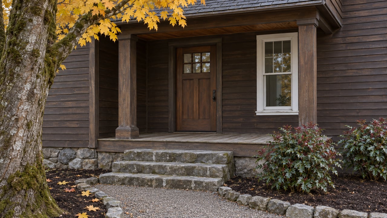 Weathered dark wood home with a sheltered porch, broad stone steps and a gravel approach beneath golden maple leaves.