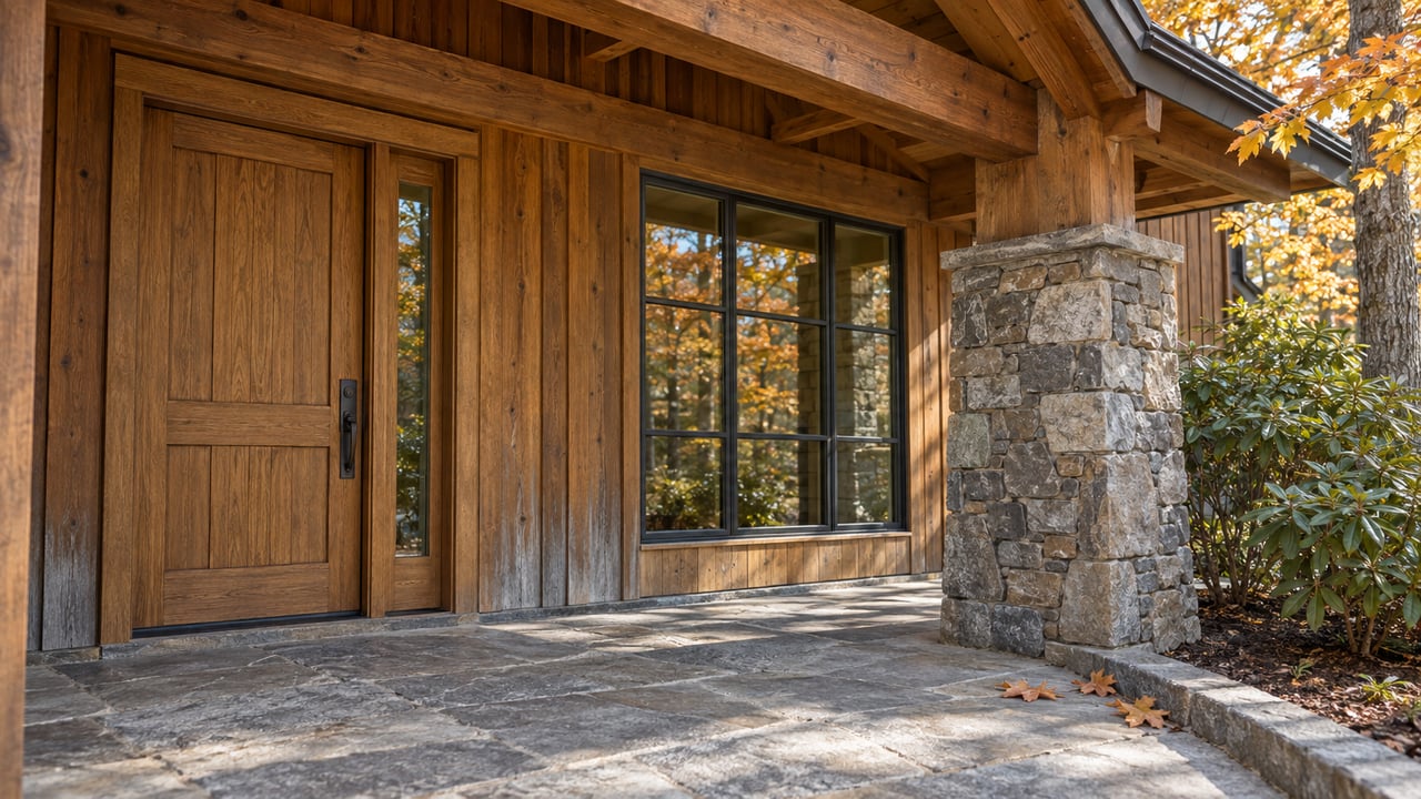 Covered wood-and-stone home entrance with a gray stone landing and amber maple leaves.