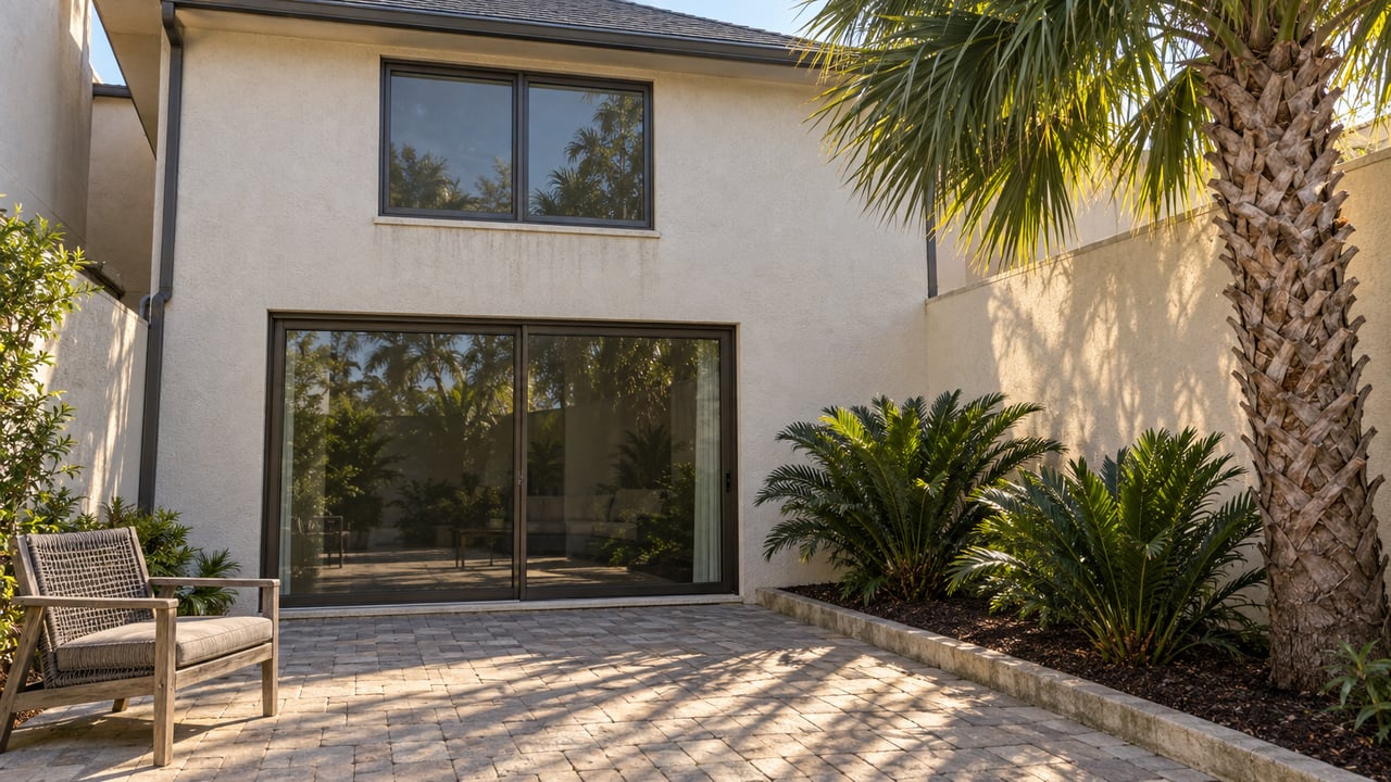 Late-afternoon light across a compact stucco home's paver courtyard, bronze-framed sliding doors, weathered teak chair, and specimen palm.
