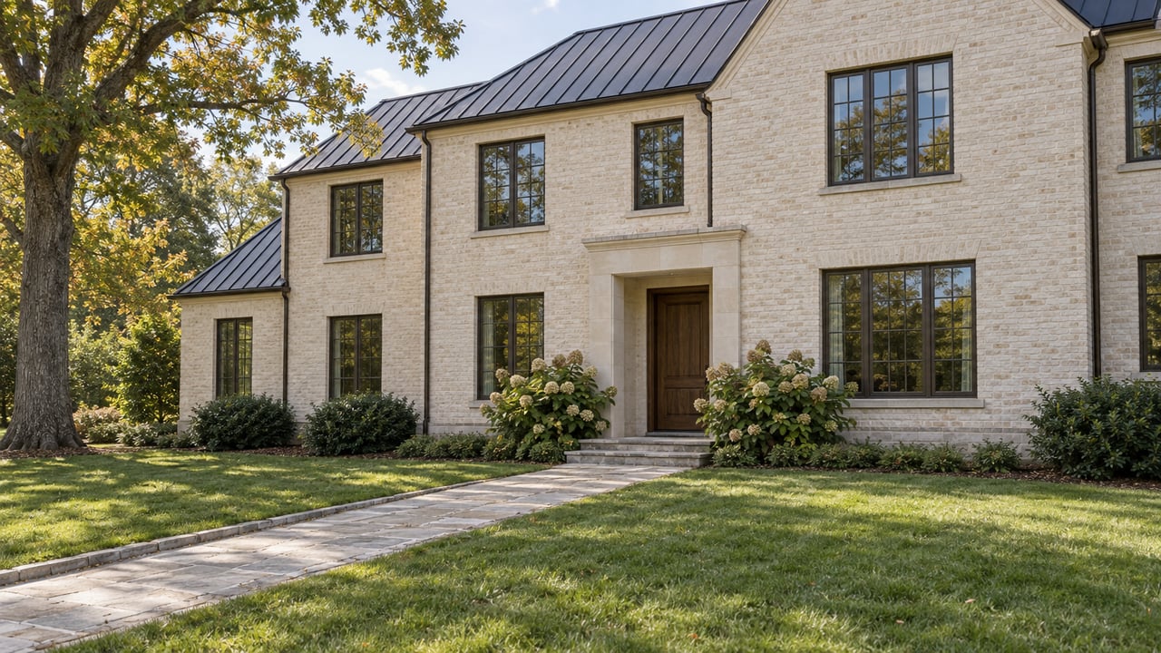 Cream brick house with a charcoal metal roof, oak door, limestone path, and broad sloping lawn.