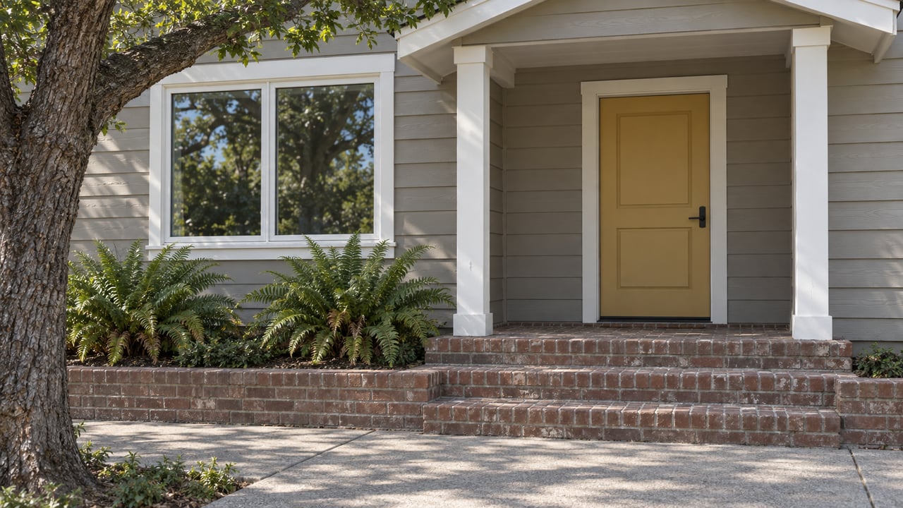Mustard entry door and white-trimmed window beneath a shallow porch roof, with weathered brick steps, greige siding and a mature oak beside the approach.