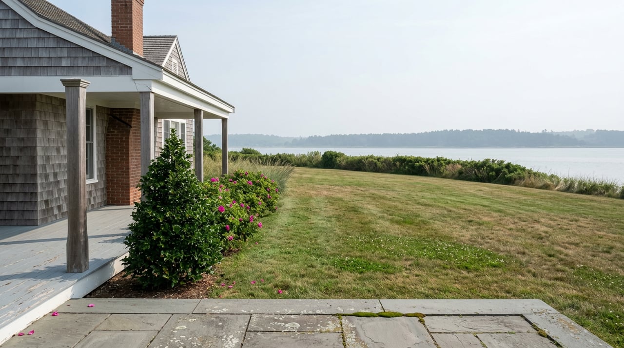 Shingled bluff-top house with brick chimney overlooks still water beyond a bluestone terrace, lawn, and bayberry hedge.