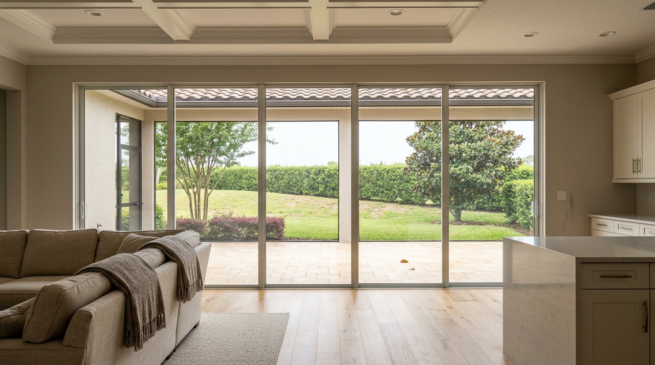 Great room with warm oak floors, glass doors opening onto screened lanai and magnolia-lined lawn.