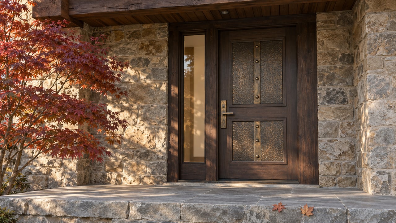 Autumn light across an oak and hammered-bronze residential door, sandstone porch and copper-red maple leaves.