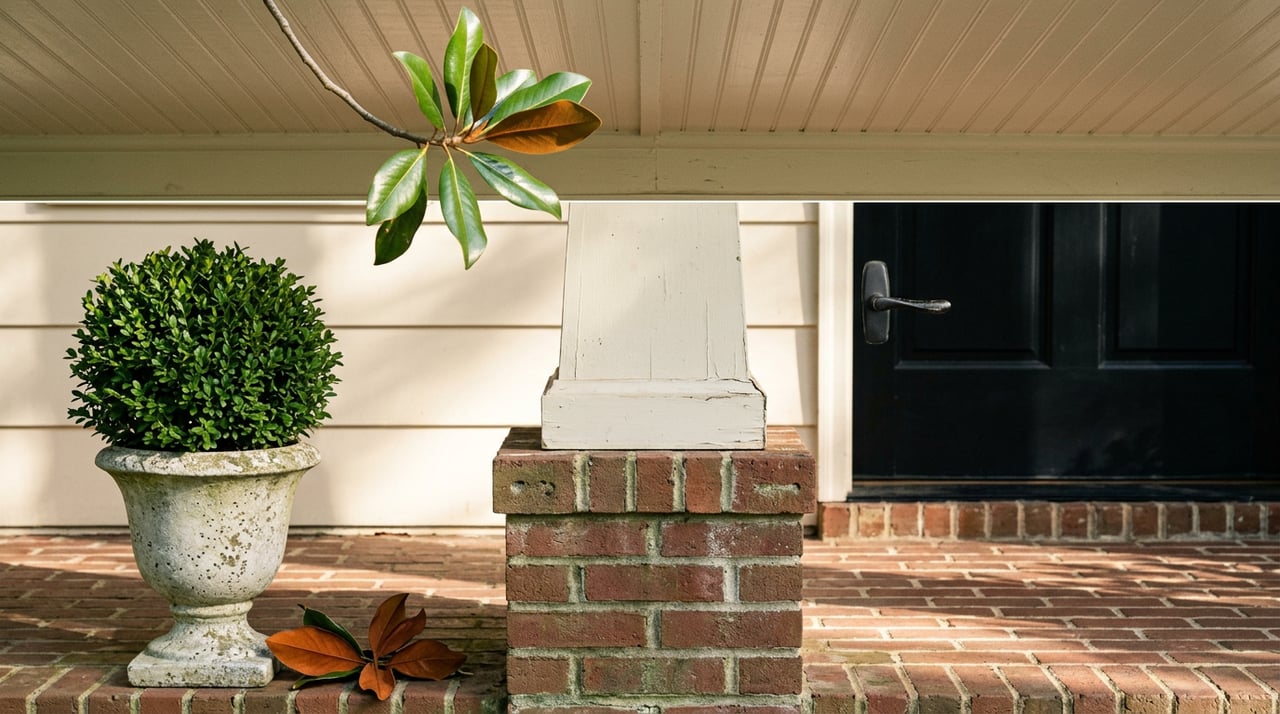 Traditional porch entry with an off-white column, black paneled door, brick floor, and boxwood in a stone urn.