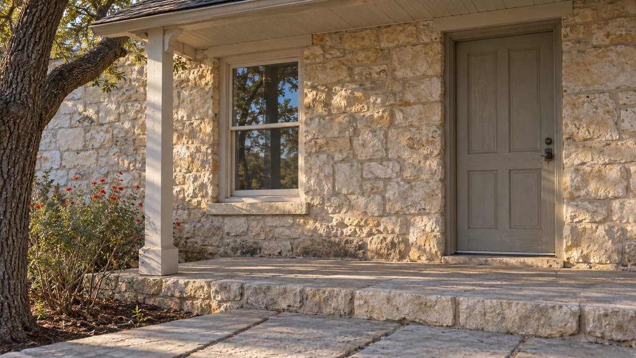 Morning light grazes a weathered limestone cottage porch with a painted timber door, sash window and raised stone approach.