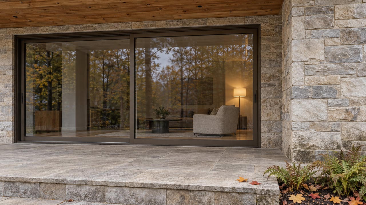 Covered limestone terrace with cedar soffit, bronze-framed glass doors and autumn ferns outside a warmly lit living room.