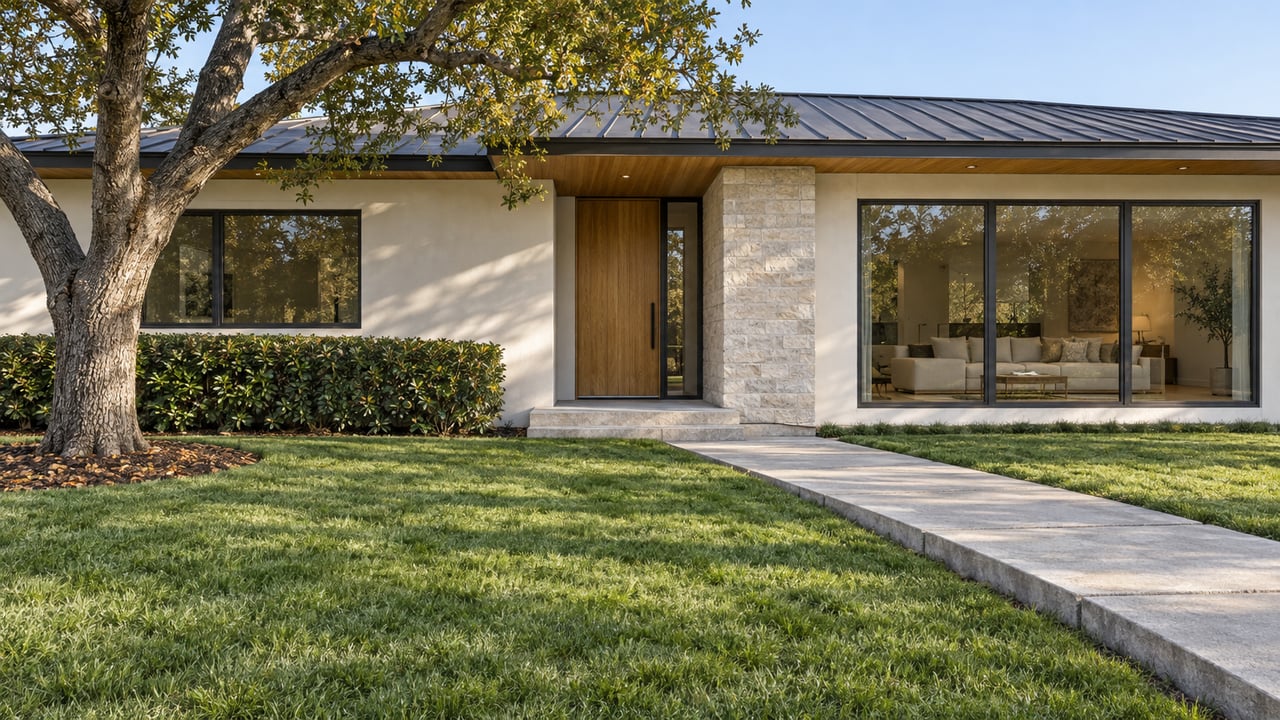 A low stucco and limestone home with bronze-framed windows, a deep green lawn and a mature spreading oak in morning sunlight.