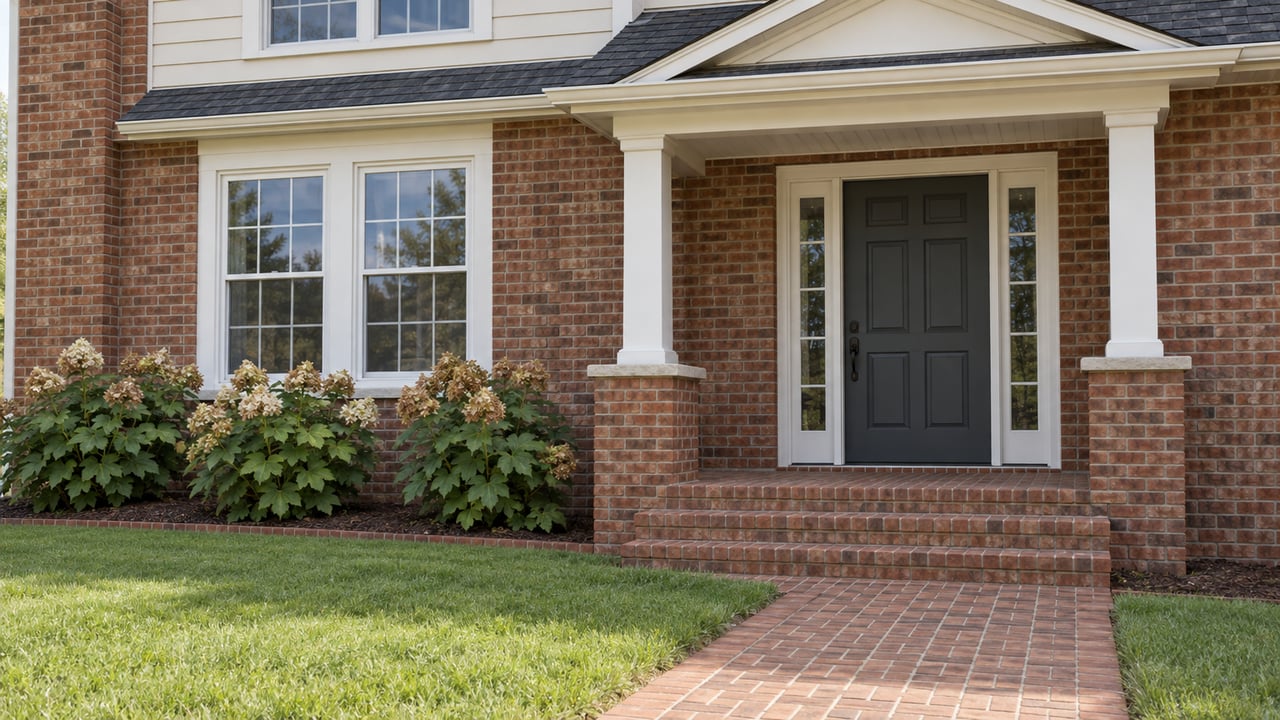 Brick approach and lawn leading to a raised front porch with white posts, a dark entry door, and ivory lap siding.