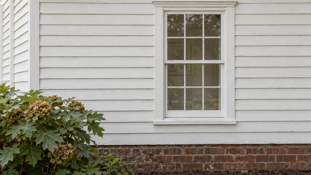 White clapboard siding surrounds a six-over-six double-hung window above a weathered brick foundation, with oakleaf hydrangea at lower left.