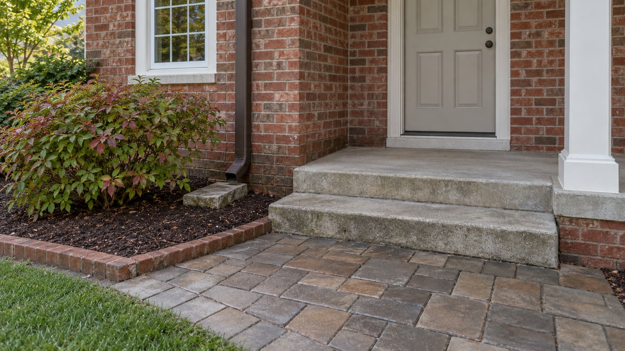 Brick house entry with a greige six-panel door, concrete steps, paver walk, and downspout above a splash block.